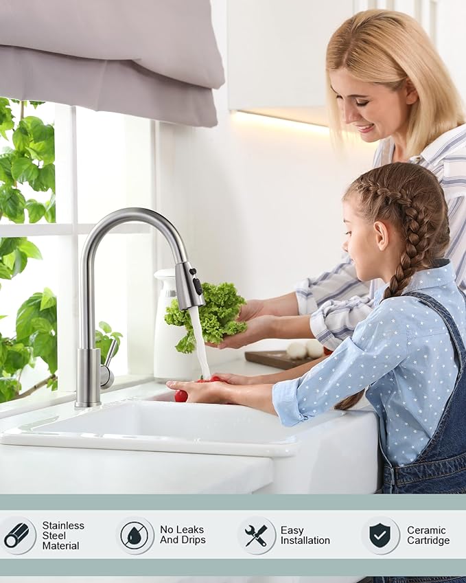 WOWOW Kitchen Faucet with Sprayer, Kitchen Sink Faucet, SUS 304 Stainless Steel, High Arc Single Handle Brushed Nickel Kitchen Faucets with Pull Down Sprayer, Pull Out Kitchen Faucet with Deck Plate