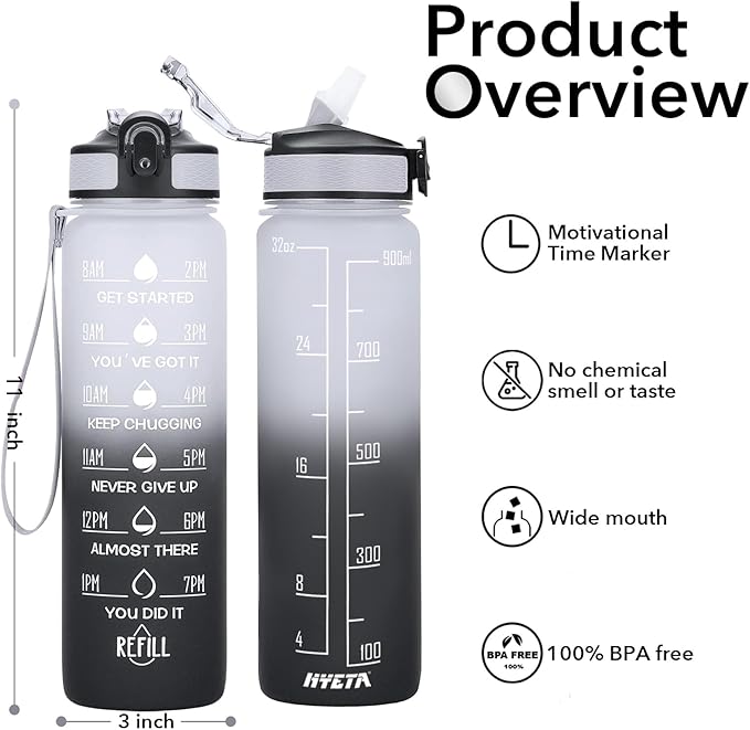 Hyeta 32 oz Water Bottles with Times to Drink and Straw, Motivational Water Bottle with Time Marker, Leakproof, Drinking Sports Water Bottle for Fitness, Gym and Outdoor-FlexoryFit