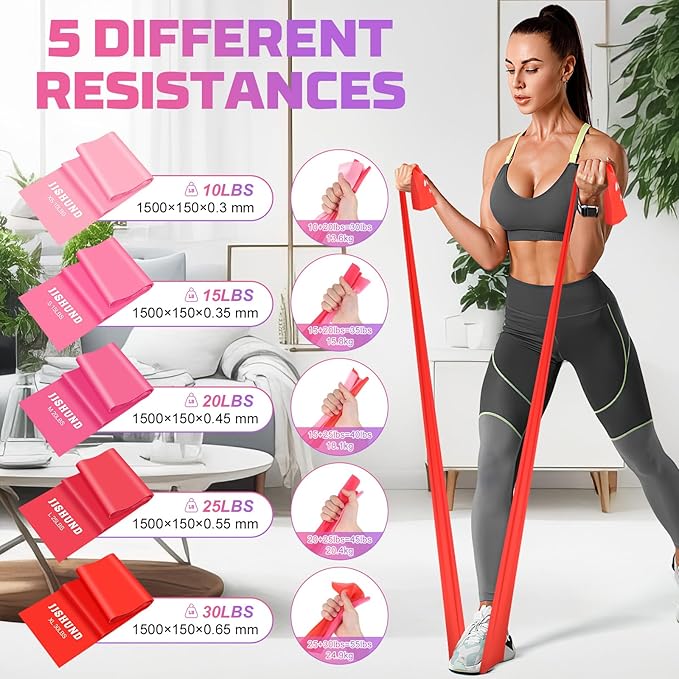 5 Pcs Resistance Bands, Professional Exercise Bands Elastic Stretch Bands for Fitness Yoga Pilates Stretching Strength Training, Workout Bands for Women and Men Home Gym-FlexoryFit