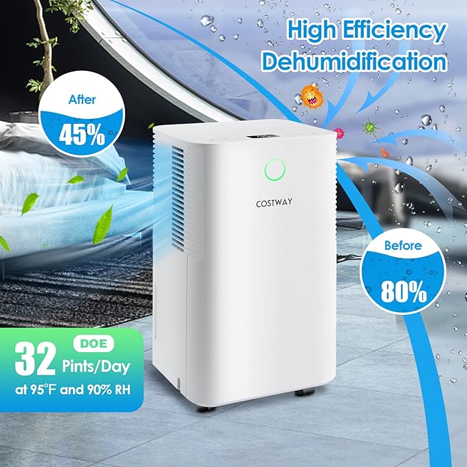 COSTWAY 2,000 Sq. Ft Dehumidifier for Home, 32 Pint Dehumidifier with 3 Modes, 2 Speeds, LED Touch Control Panel, 24H Timer Child Lock & Overflow Protection, Bedroom, Basement