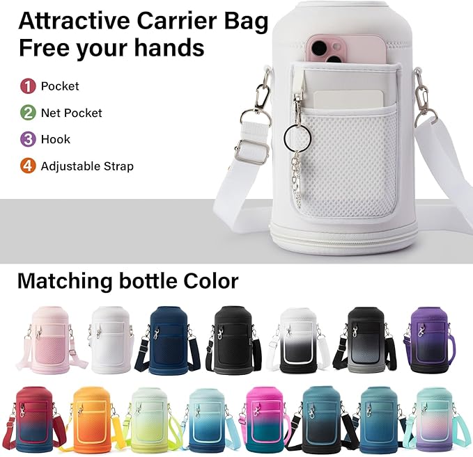 Insulated Water Bottle | Thickened Stainless Steel Vacuum Metal | Portable Sports Half Gallon Large Water Jug for Gym and Hiking with Straw, Carrier Bag, Handle Strap | BPA-Free 64 oz-FlexoryFit