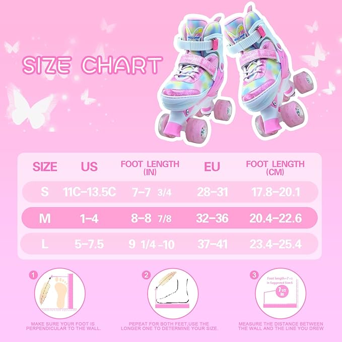 Kids Roller Skates for Girls-Outdoor 4 Size Adjustable Butterfly Quad Rollerskates for Indoor Ages 3-12 Years Beginners Children's Birthday Gift with Light Up Wheels patines para niñas Indoor-FlexoryFit