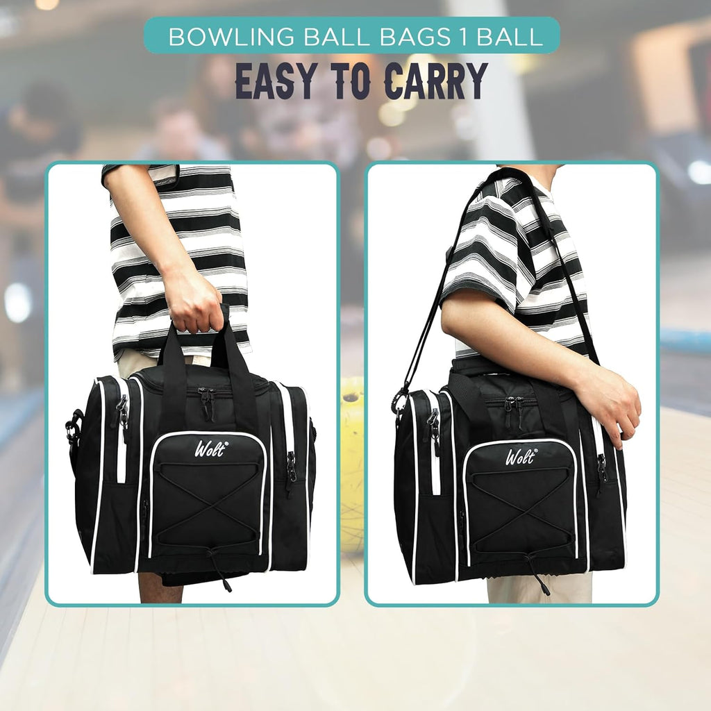 WOLT Bowling Ball Bag for Single Ball - Bowling Ball Tote Bag with Padded Ball Holder, 2 Pockets fit Bowling Shoes Up to Mens Size 14 and Accessories