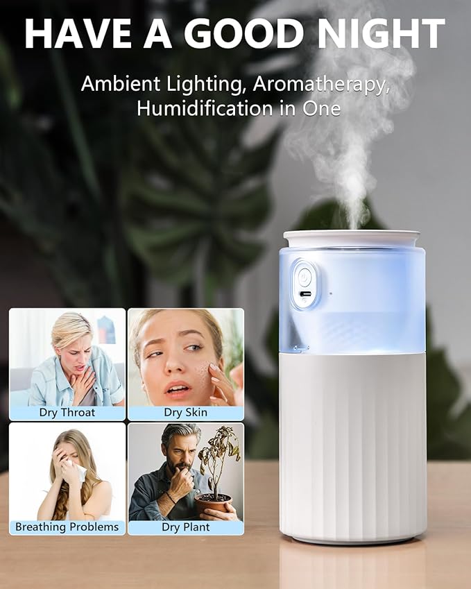 OATSBASF Portable Mini Humidifier, Small Cool Mist for Car With Night Light, 28dB Quiet Air Humidifier for Bedroom, Office, Plants, Dorm, 2 Mist Modes, Easy to Fill and Clean (White)