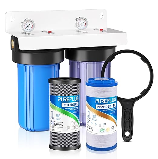 PUREPLUS 2-Stage Whole House Water Filtration System, 10" Universal Clear Housing, with Sediment & Iron Reduce, Carbon Filter, Reduce Iron, Chlorine, Taste, Includes Pressure Gauges, 1" Inlet/Outlet