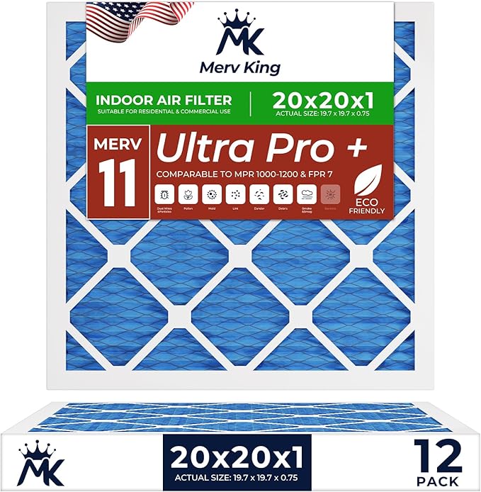 MervKing 20x20x1 Air Filter | MERV 11 | MPR 1000-1200 Ultra Pro | 12-Pack | Pleated HVAC AC Furnace Replacement Air Filters | Actual Size: 19.7" x 19.7" x 0.75"