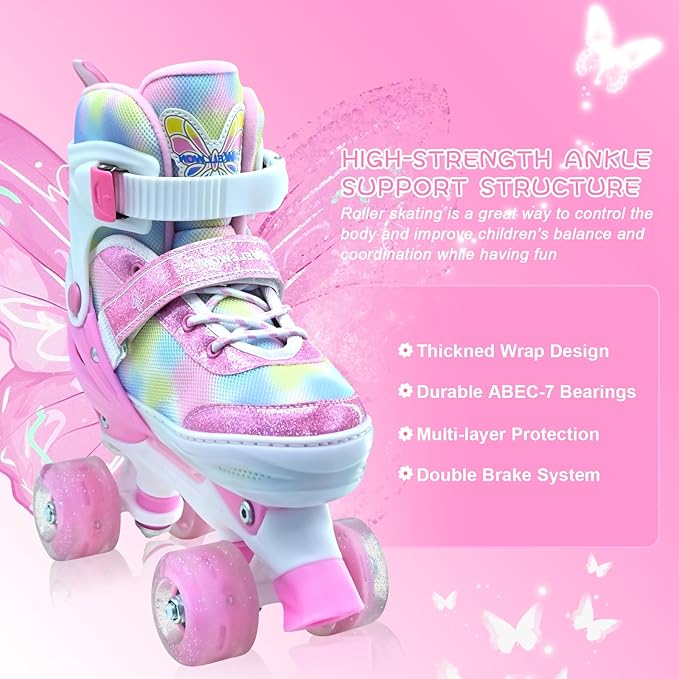 Kids Roller Skates for Girls-Outdoor 4 Size Adjustable Butterfly Quad Rollerskates for Indoor Ages 3-12 Years Beginners Children's Birthday Gift with Light Up Wheels patines para niñas Indoor-FlexoryFit