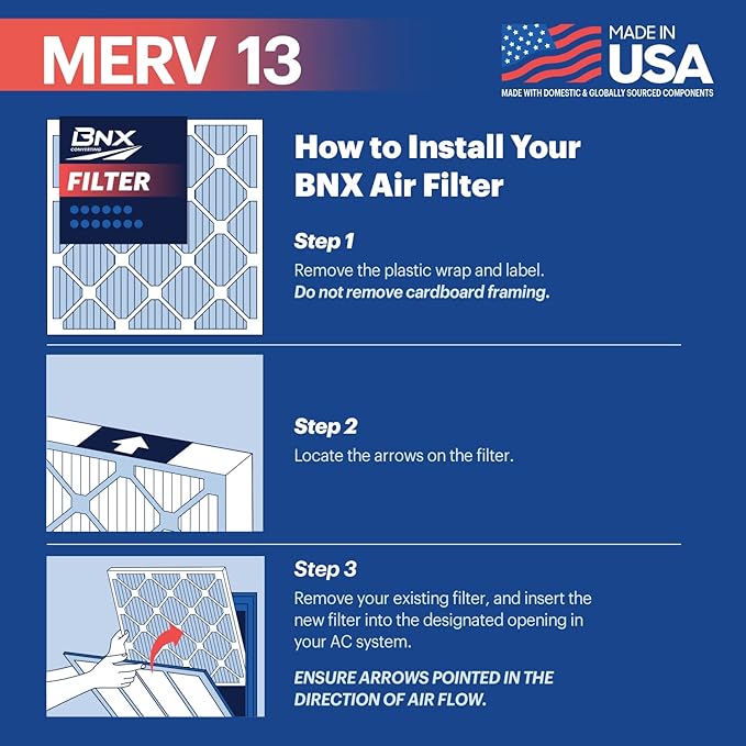 BNX TruFilter 20x23x1 Air Filter MERV 13 (6-Pack) - MADE IN USA - Electrostatic Pleated Air Conditioner HVAC AC Furnace Filters for Allergies, Pollen, Mold, Bacteria, Smoke, Allergen, MPR 1900 FPR 10