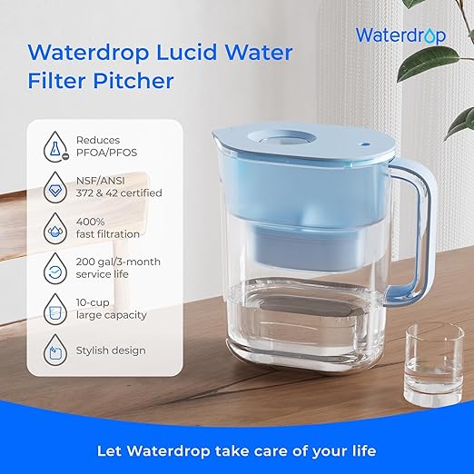 Waterdrop Water Filter Pitcher with 3 Filters, 200-Gallon Long-Life, 10-Cup Large Water Filter Pitcher, NSF Certified, 5X Times Lifetime, Reduces PFOA/PFOS, Chlorine, Blue