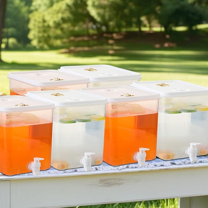 Domensi 6 Pack 2 Gallon Drink Dispenser for Fridge with Spigot Water Dispenser Leak Proof Lids Filter Screen Beverage Juice Container Sealed Plastic Lemonade Milk Cold Hot Drink Tea Jug for Party