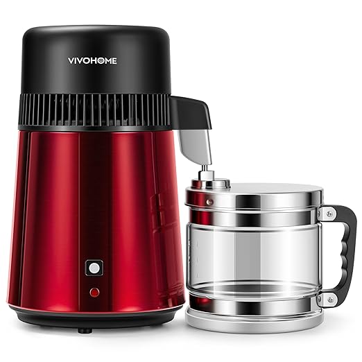 VIVOHOME Water Distiller Countertop 1.1 Gallon/4L 304 Stainless Steel Distilled Water Machine with Smart Switch Purifier Filter for Home Officek, Red