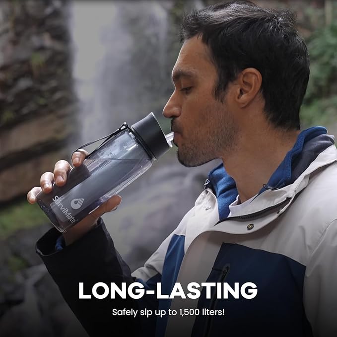 SurviMate 5-Stage 0.01μm Ultra-Filtration Filtered Water Bottle, BPA-Free Material, NSF/ANSI 42&372 Certified, Portable Water Filter Bottle for Survival, Camping, Hiking, and Emergency Use