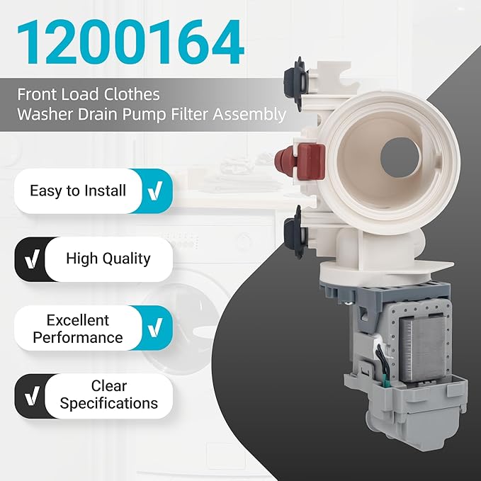 Upgrade Durable 280187 8181684 Front Load Clothes Washer Drain Pump Filter Assembly 1200164, Fit for Whirl-pool Duet, May-tag Epic, Ken-more HE Front Load Washers, 120V 60Hz 0.70W 0.95A By Fetechmate