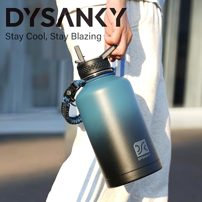 Insulated Water Bottle | Thickened Stainless Steel Vacuum Metal | Portable Sports Half Gallon Large Water Jug for Gym and Hiking with Straw, Carrier Bag, Handle Strap | BPA-Free 64 oz-FlexoryFit