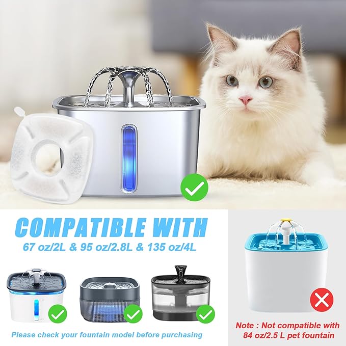 40 Pack Cat Water Fountain Carbon Filters, 20 Pcs Replacement Pet Filters with 20 Pcs Pre-Sponges Compatible with 67oz/2L 95oz/2.8L 135oz/4L Automatic Cats Dog Water Fountain Dispenser