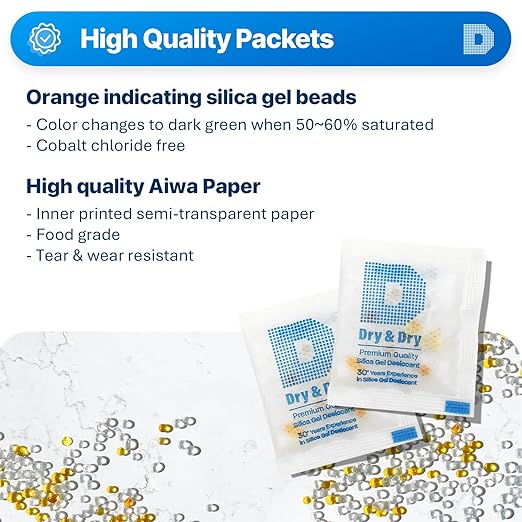 Dry & Dry 3 Gram [500 Packets] Premium Orange Indicating Silica Gel Packets Desiccants - Food Safe Silica Packets Silica Gel Silica Gel Packets