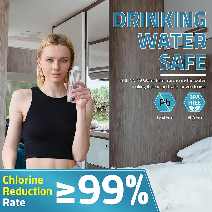 PAULINN External RV Dual Water Filters System, Lead-Free & BPA-Free Camper Water Filter with Brass Fittings & Mounting Bracket & Two Filters, Reduces Sediment, Chlorine, Bad Taste and Odors