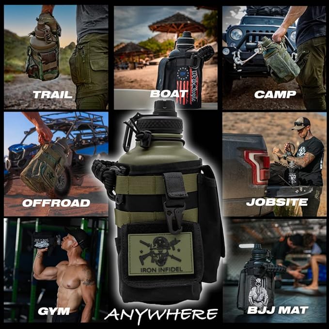 Iron Infidel Battle Bottle - Half Gallon Insulated Water Bottle with Paracord Handle, Large 64 oz Stainless Steel Water Jug with Rugged, Removable Sleeve for Keys, Wallet & Phone (Widowmaker 2L)-FlexoryFit