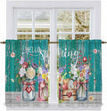 Spring Flowers Tier Curtains, Farmhouse Watercolor Teal Wood Grain Light by Unknown