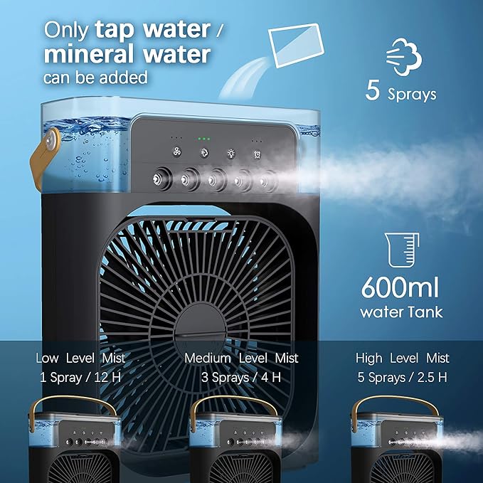 Personal Air Cooler, Portable Air Conditioner Fan, Mini Evaporative Cooler with 7 Colors LED Light, 1/2/3 H Timer, 3 Wind Speeds and 3 Spray Modes for Your Desk, Nightstand, or Coffee Table