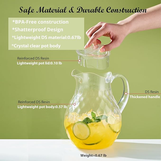 Plastic Pitcher, Clear Water Pitcher with Lid, Fridge Jug, BPA-Free, Shatter-Proof, Great for Iced Tea, Lemonade, Juice, Milk, and More (2 Quart/68oz)