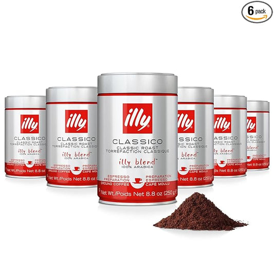 Illy Ground Espresso Coffee, Classico Medium Roast - Mild & Balanced - 100% Arabica - Pre-Ground for Espresso - Pressurized Packaging Sealed for Freshness -8.8oz (Pack of 6)-FlexoryFit