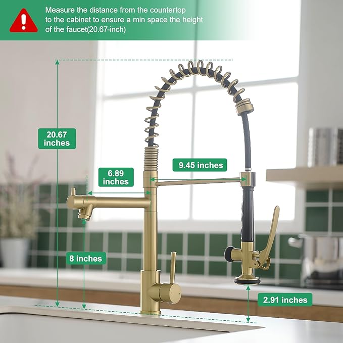 Brushed Gold Kitchen Faucet with Pull Down Sprayer, Commercial Brass Kitchen Faucet Single Handle Spring Faucets for Kitchen Sink Fapully