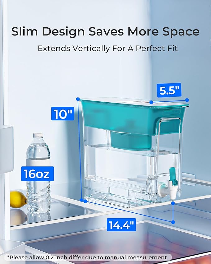 Waterdrop Slim Water Filter Dispenser, Large Capacity, 35-Cup Water Filter Pitcher, 200-Gallon Long-Life, 5X Lifetime, Reduces Chlorine, PFOA/PFOS and More, BPA Free, Turquoise (with 1 Filter)