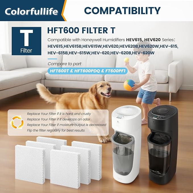 Colorfullife 6 Pack Humidifier Wicking Filter T for Honeywell Humidifier HEV615 HEV620 Series, for Honeywell HFT600 Humidifier Replacement Filter T, Replace Parts HFT600T & HFT600PDQ