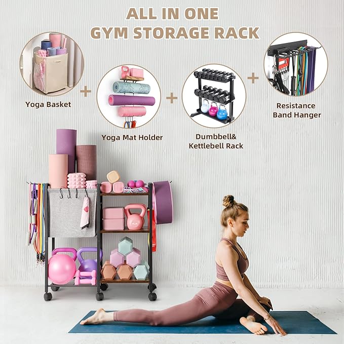 Yoga Mat Storage Rack Home Gym Equipment Organizer Holder for Foam Roller Dumbbells Kettlebells Resistance Bands and More Accessories Women Men Workout Organization with Hooks Wheels (Black)-FlexoryFit