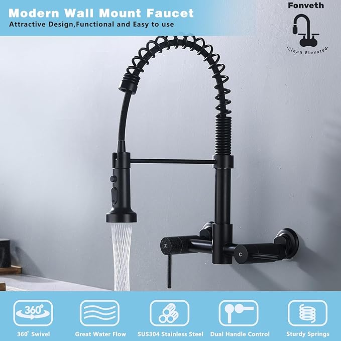 Wall Mount Kitchen Faucet, 8 Inch Center Wall Mount Kitchen Sink Faucet with Pull Down Sprayer, Commercial, Black
