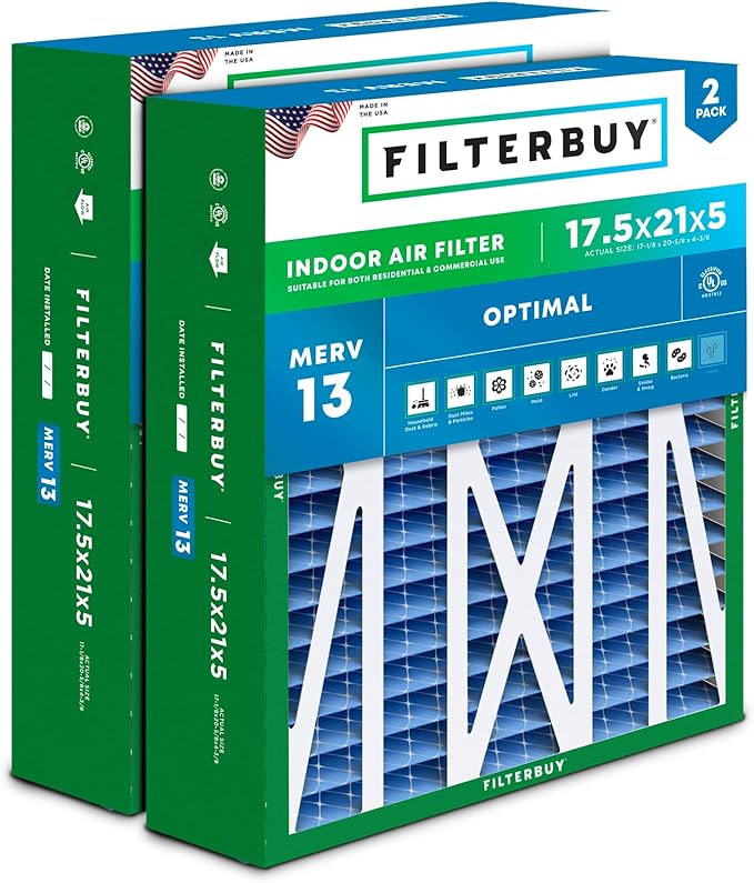 Filterbuy 17.5x21x5 Air Filter MERV 13 Optimal Defense (2-Pack), Pleated HVAC AC Furnace Air Filters Replacement for Rheem, Ruud, and Protech (Actual Size: 17.13 x 20.63 x 4.38 Inches)