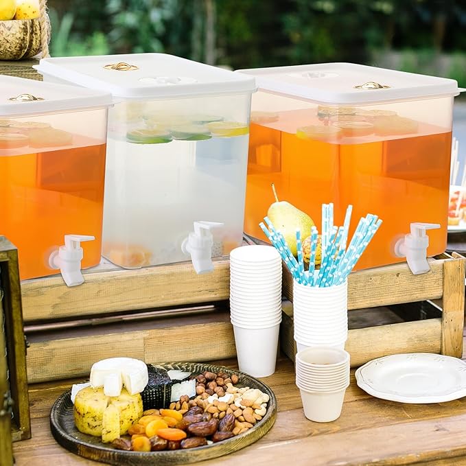 Domensi 4 Pack 2 Gallon Fridge Beverage Drink Dispenser with Spigot Leak-proof Lids Filter Screen Juice Container Sealed Plastic Lemonade Water Milk Cold Hot Drink Tea Jug for Party Daily Use