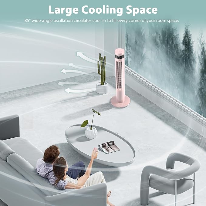 Antarctic Star Tower Fan Portable Floor Fans 85°Oscillating Fan 36'' Quiet Cooling 12H Timer Remote Control Standing Bladeless Electric 3 Speeds Wind 3 Modes Bedroom Office(36 inch, Pink)