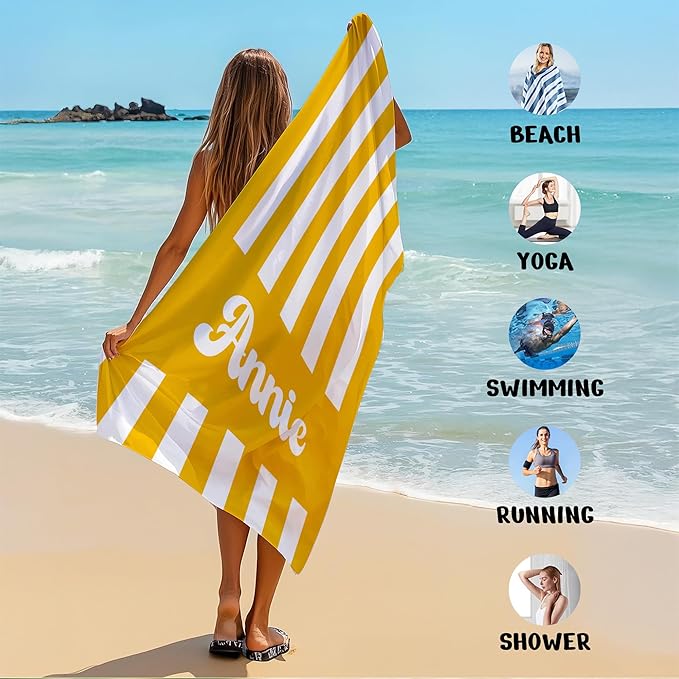 JML Personalized Beach Towel with Name, Custom Cabana Stripe Beach Towel, Customized Microfiber Pool Towel, Quick Dry & Absorbent Swim Towel for Adult,Mother's Day, Birthday, Summer Holiday,Vacation-FlexoryFit