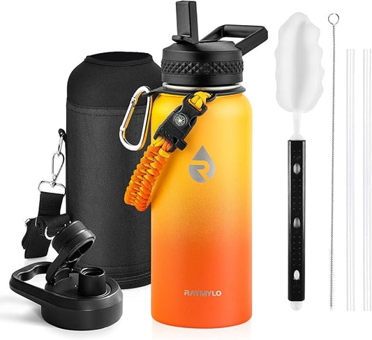 Insulated Water Bottle 32 oz, Triple Wall Vacuum Stainless Steel (Cold for 48 Hrs), Leak Proof & Non-BPA, Modern Water Flask Jug with Paracord Handle & Straw Spout Lids, Ombre Orange-FlexoryFit