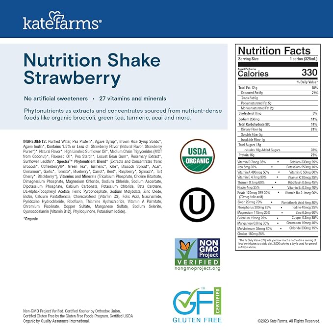KATE FARMS Organic Nutrition Shake, Strawberry, 16g of Protein, 27 Vitamins and Minerals, Meal Replacement, Protein Shake, 11 Fl oz (6 Pack)-FlexoryFit