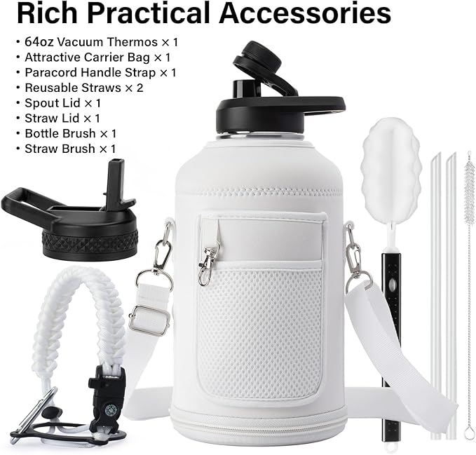 Insulated Water Bottle | Thickened Stainless Steel Vacuum Metal | Portable Sports Half Gallon Large Water Jug for Gym and Hiking with Straw, Carrier Bag, Handle Strap | BPA-Free 64 oz-FlexoryFit