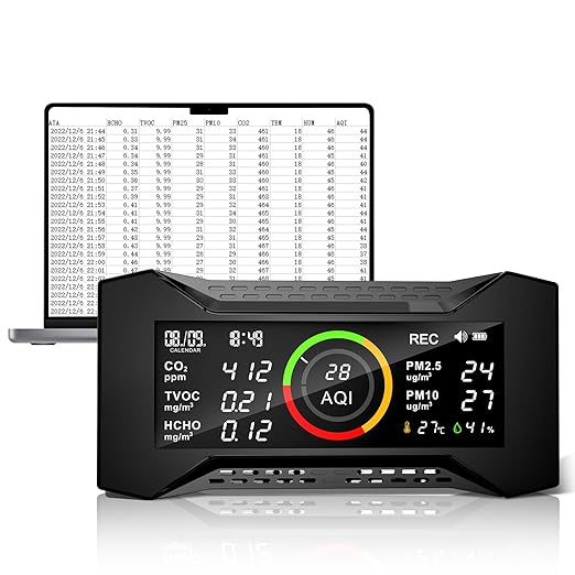 Air Quality Monitor Indoor, Simbow CF-20 DL 7-in-1 Wildfire Monitor Detect (PM2.5, PM10, CO2, VOC, Formaldehyde, Humidity, Temp) Free Data Export, Air Quality Meter for Home Office School