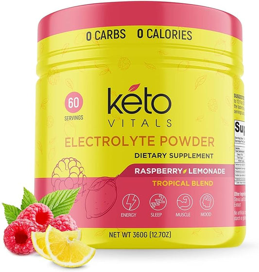 Keto Vitals Electrolytes Powder - Sugar Free Keto Electrolytes Powder with Potassium, Magnesium, Sodium, & Calcium - No Sugar Electrolyte Drink Mix & Hydration Powder, 60 Servings, Raspberry Lemonade-FlexoryFit