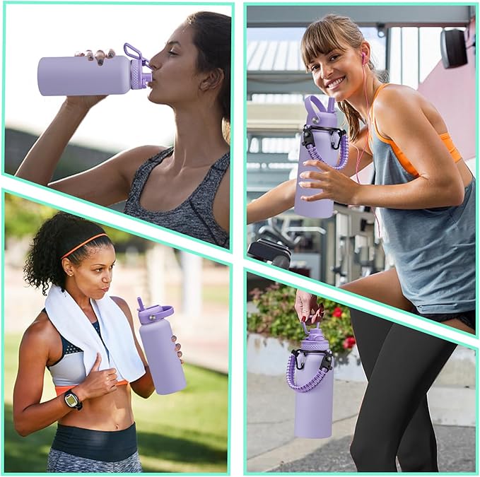 Insulated Water Bottle 32 oz - with Straw & Pop-up Spout Lid, Paracord Handle, Carrier Shoulder Strap, Protective Boot, Wide Mouth Double Walled Vacuum Insulated Gym Water Bottle for Women-FlexoryFit