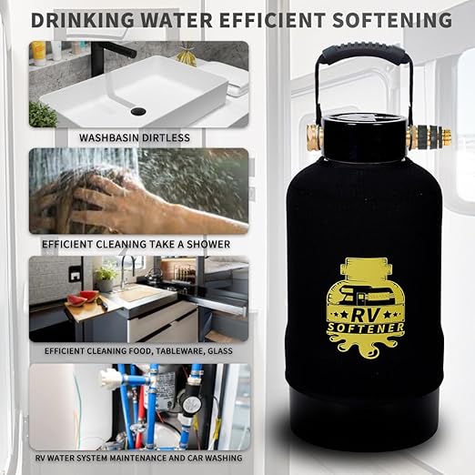 RV Water Softener System with Heavy Metal Filter & Protective Cover | 16,000 Grain Capacity | Removes Odors, Extends Resin Life 15% | Universal Fit for Motorhome, Camper, Travel Trailer