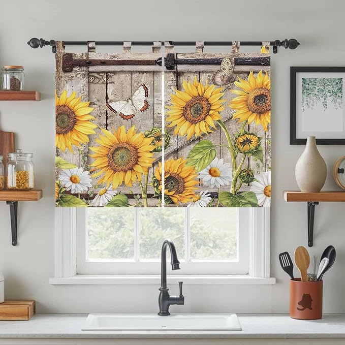 Farmhouse Sunflowers Bedroom Curtains 63 Inch Length, Window Curtains Tab Top - Image 3