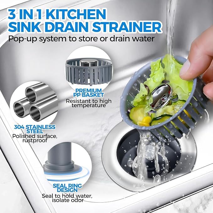 Upgraded 3in1 Kitchen Sink Drain Strainer & Sink Stopper, Stainless Steel Kitchen Drain Plug & Sink Installation Parts with Anti-Clogging Basket, Fit US Standard 3-1/2'' Sink Drain Hole, Silver