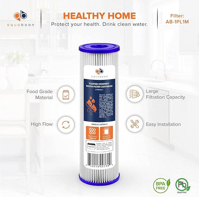 Aquaboon 1 Micron Pleated Water Filter 10 x 2.5 - Whole House Sediment Filter Replacement Cartridge Compatible with WFPFC3002, WHKF-WHPL, 6-Pack
