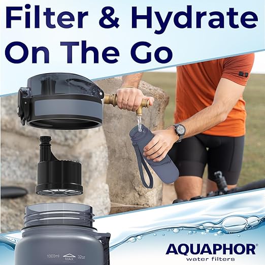 Nakii Filtered Water Bottle, Leakproof, BPA-Free, Motivational Markings, Travel, Everyday Use. 40-Gallon Filter, Replaces 300 Plastic Water Bottles. Includes 1 Filter, 34 FL Oz, Grey by Aquaphor
