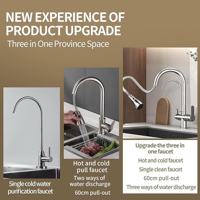 Kitchen Sink Faucet with Pull - Down Sprayer, 2 - Handle 3 - in - 1 Kitchen Sink Filter Faucet, Cold and Hot Mixer Drinking Water Faucet (Chrome-02)