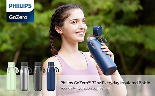 PHILIPS Water Bottle with Filter, Filter Water Bottle Stainless Steel with GoZero Everyday BPA-Free Tap Water Filter, Water Filter Bottle Keep Drink Cold 24 Hours, 1 Filter for 40 gal / 2 Months