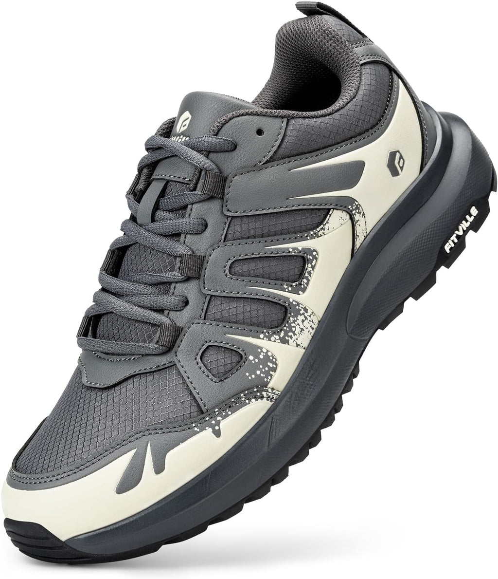 FitVille Men's Wide Hiking Shoes Water Repellent Trekking Trails Outdoor Sneakers Cushioned Lightweight Walking Running Shoes with Arch Support