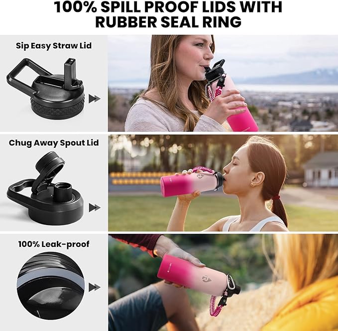 Insulated Water Bottle 40 oz, Triple Wall Vacuum Stainless Steel (Cold for 48 Hrs), Leak Proof & Non-BPA, Modern Water Flask Jug with Paracord Handle & Straw Spout Lids, Ombre Pink-FlexoryFit